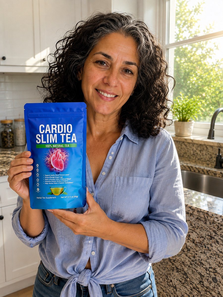 Linda Marchetti smiling in her kitchen holding Cardio Slim Tea